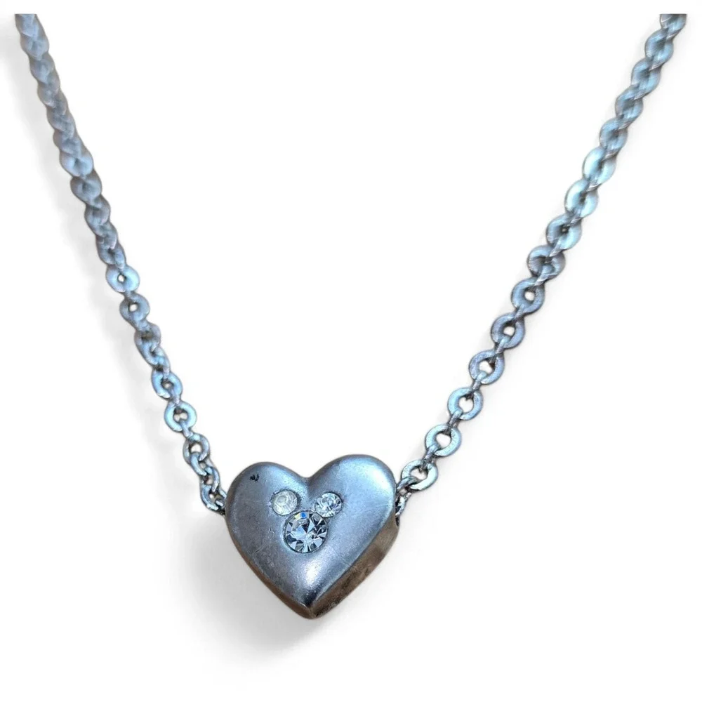 Super Cute Disney Mickey Mouse Rhinestone Heart Slider Pendant Silver Tone Chain